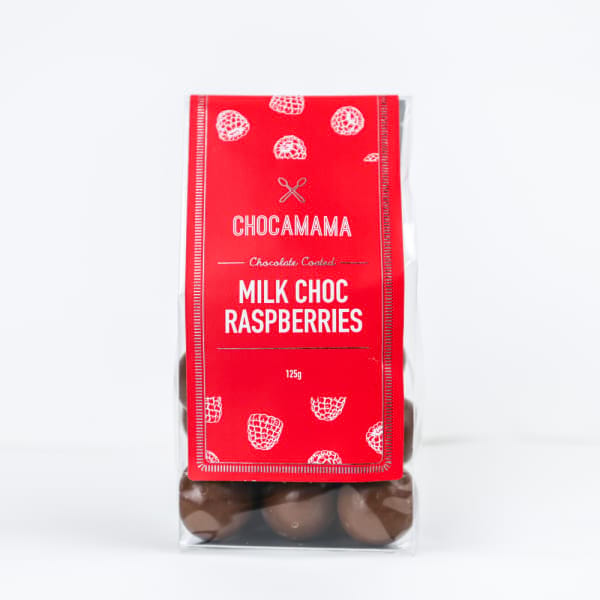 Chocamama milk chocolate coated raspberries, 125g bag