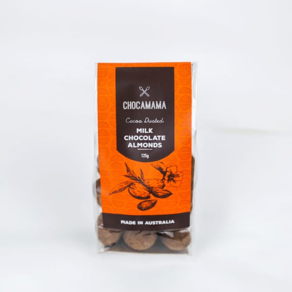 Chocamama cocoa-dusted milk chocolate almonds, 125g bag