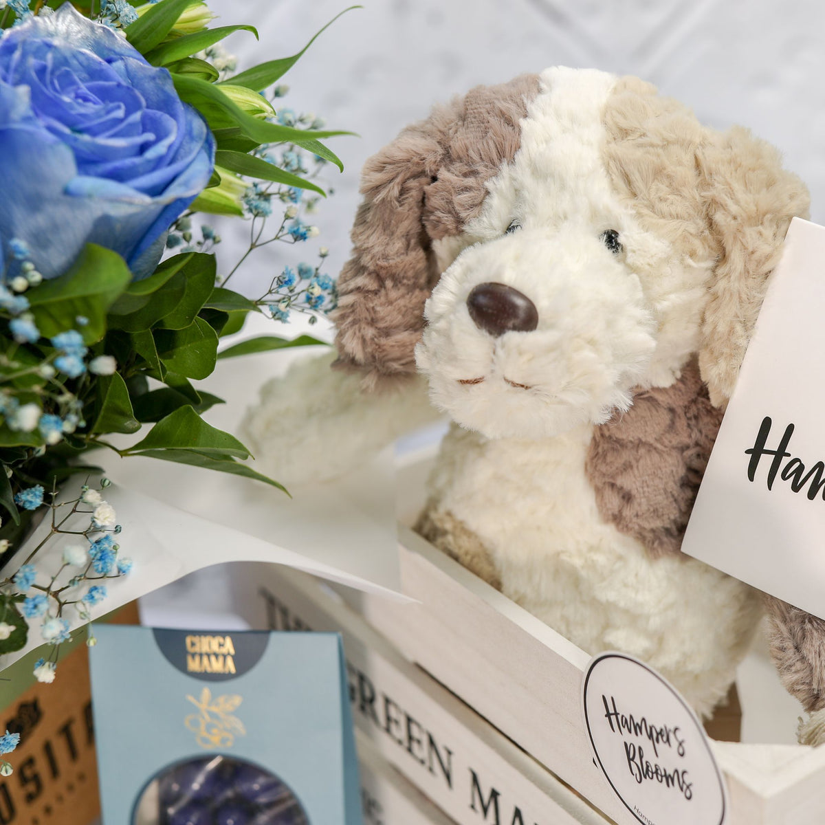 Close-up of blue-tinted rose, white flowers and chocolate box beside a white crate holding a plush puppy