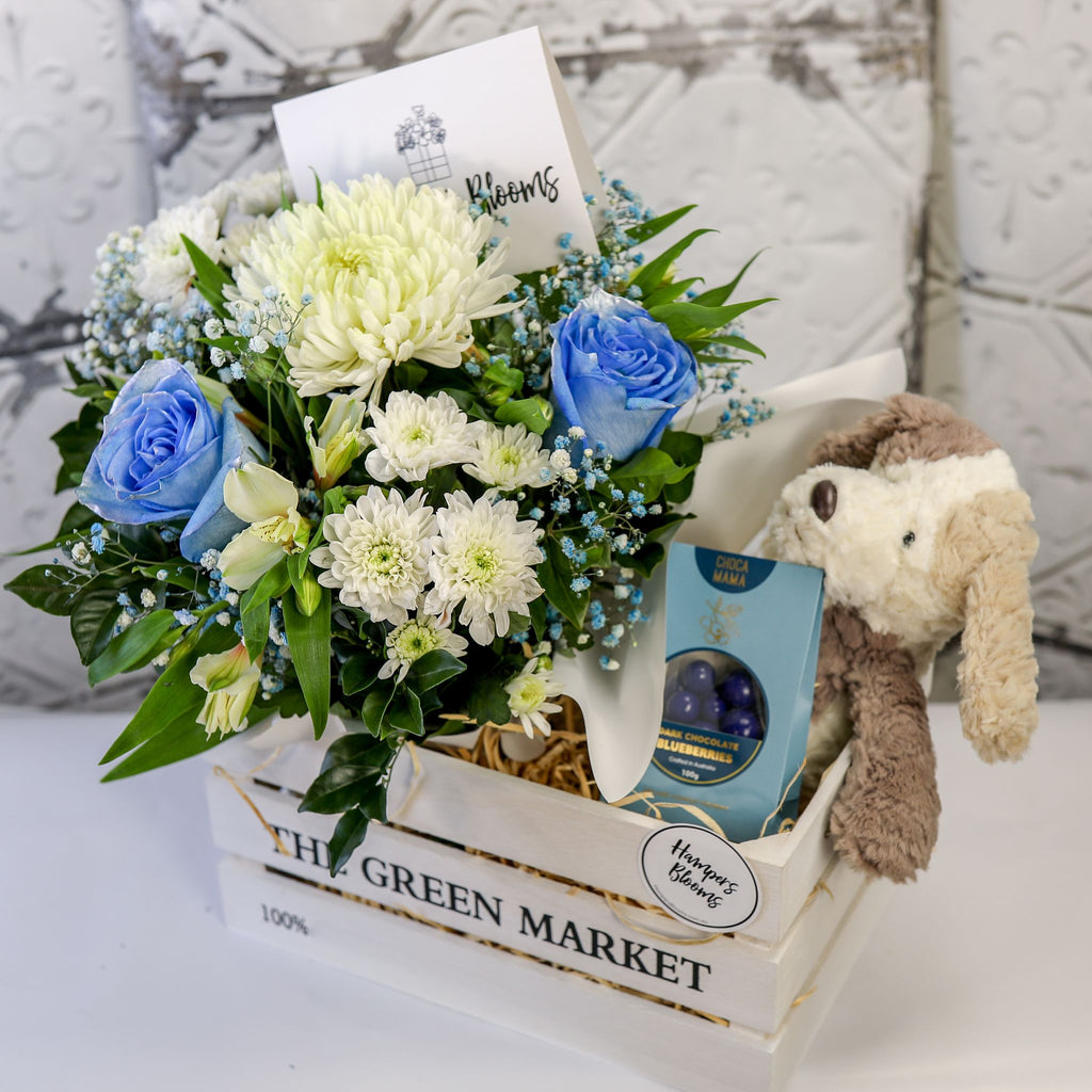 Angled view of blue-tinted roses, white flowers, chocolate box and plush puppy in a white crate