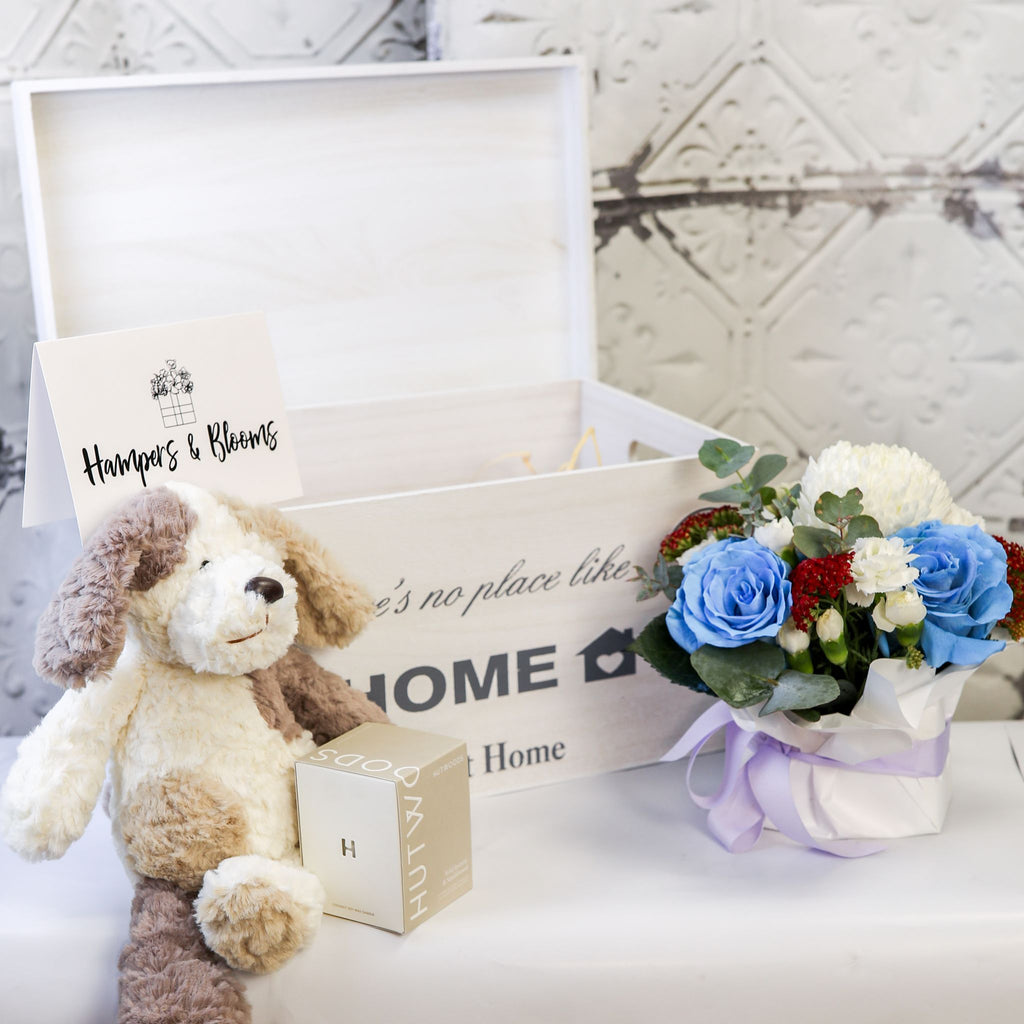 Blue and white floral pot, plush puppy and boxed candle displayed beside an open white keepsake chest