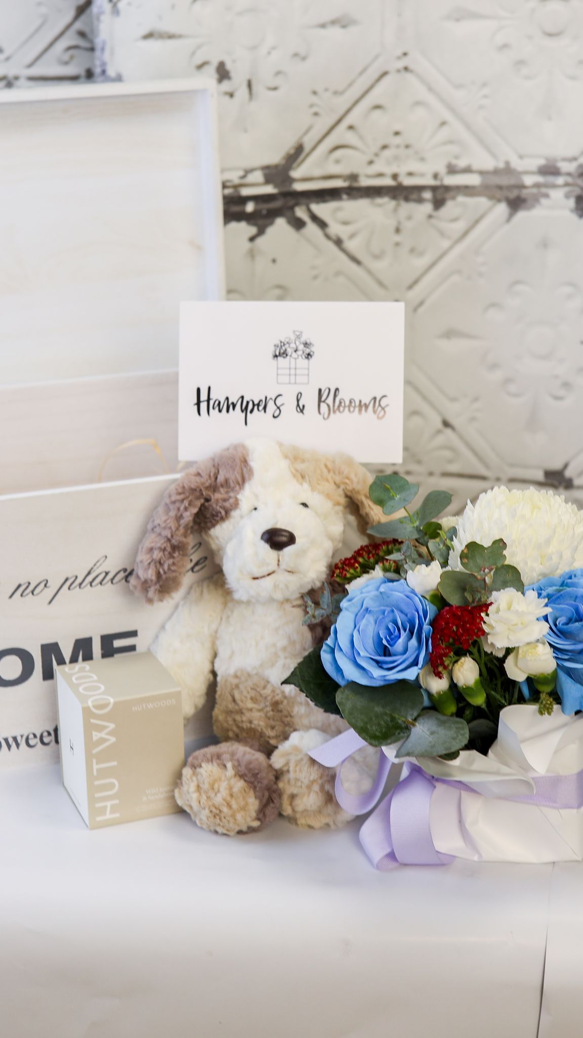 Portrait of a plush puppy, candle box and blue and white floral pot beside an open white chest