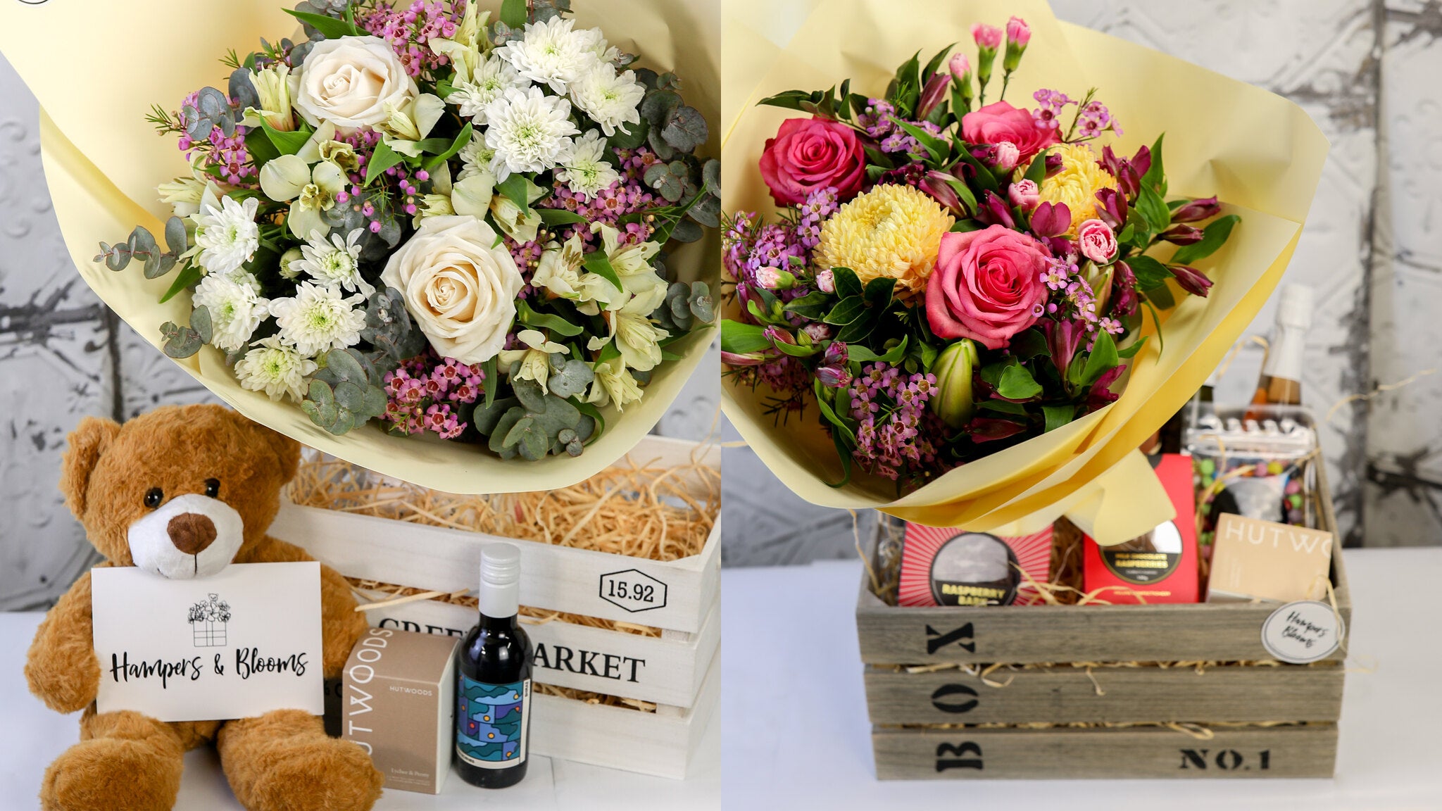 Flowers and gift hampers with white and pink blooms, treats and keepsakes