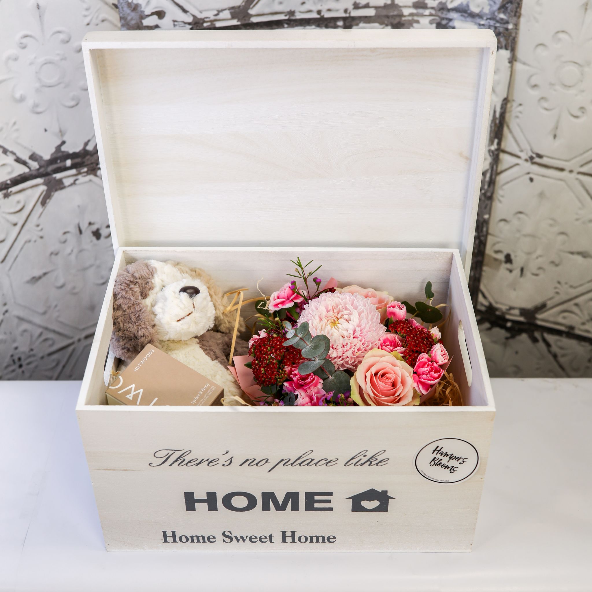 Welcome Baby - in Pink chest opened to show flowers, puppy and candle